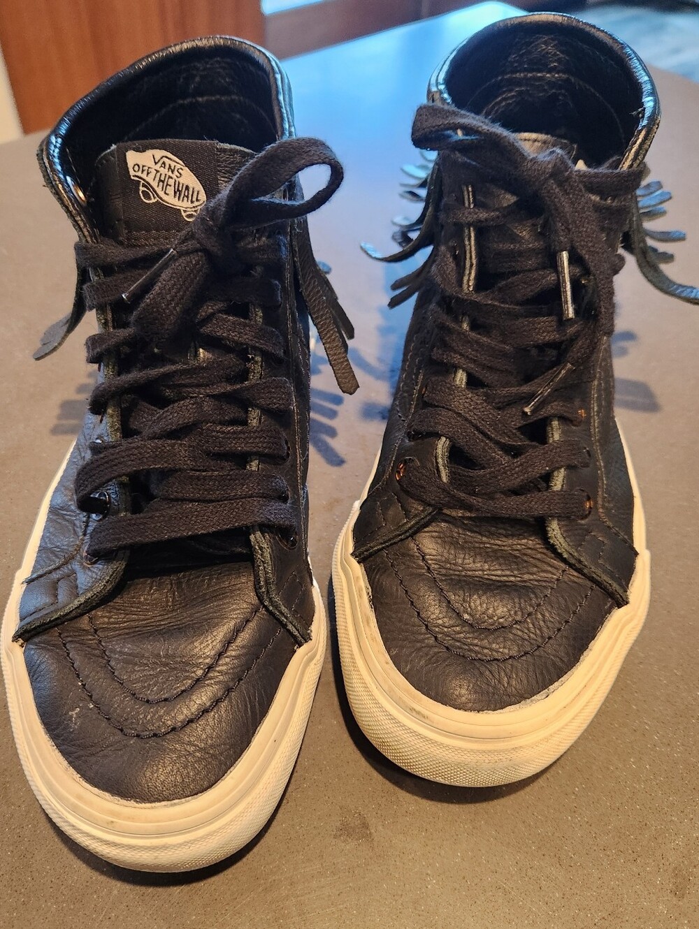 Vans Black High-Top Leather Sneakers With Fringe and White Soles